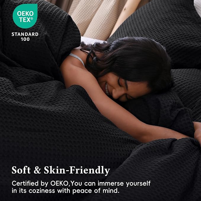 David's Home Soft Textured Waffle Weave Duvet Cover Set, King Size, Black | Breathable Cozy for All Season, 300GSM, 3PCS Home Bedding Decor, OEKO-TEX Certified, Hidden Zipper, 8 Corner Ties, 104" X 90"