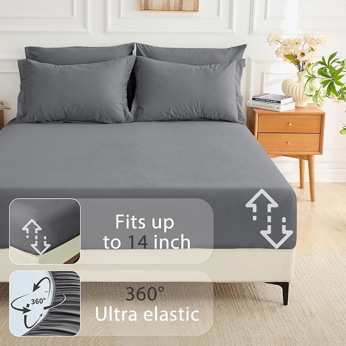 7 Pieces California King Comforter Set, Soft Bed in a Bag Cal King Size, All Season Bedding Set with Comforter, Flat Sheet, Fitted Sheet, Pillowcases & Shams, Dark Grey