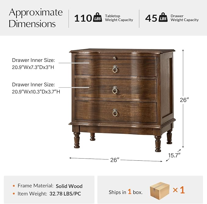 HULALA HOME Solid Wood End Table with Charging Station, 3 Drawer End Table with Pull-Out Tray, USB & Type-C Ports, Traditional Curved Front Accent Side Table for Living Room Sofa, Walnut