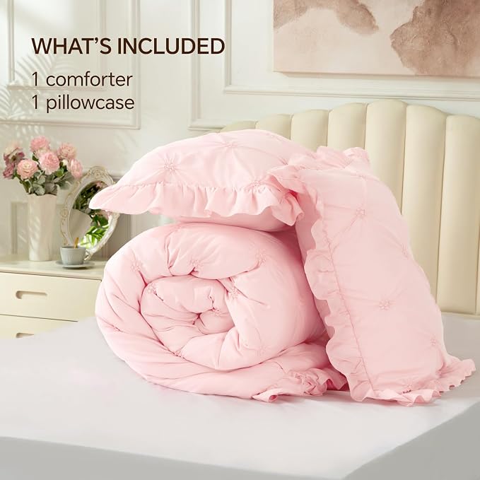 BEDELITE King Comforter Set Ruffle-Baby Pink,Lightweight & Soft Comforter | Pintuck Boho Bedding, Warm & Cute Bed Set for All Season,With 2 Pillowcases