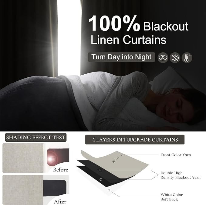 Extra Wide 60 Inch Blackout Curtains 96 Inches Long for Living Room, Rustic Boho Room Darkening Textured Linen Pleated Dining Room Office Insulated Ceiling Track Window Drapes 60"W x 96"L 2 Panels
