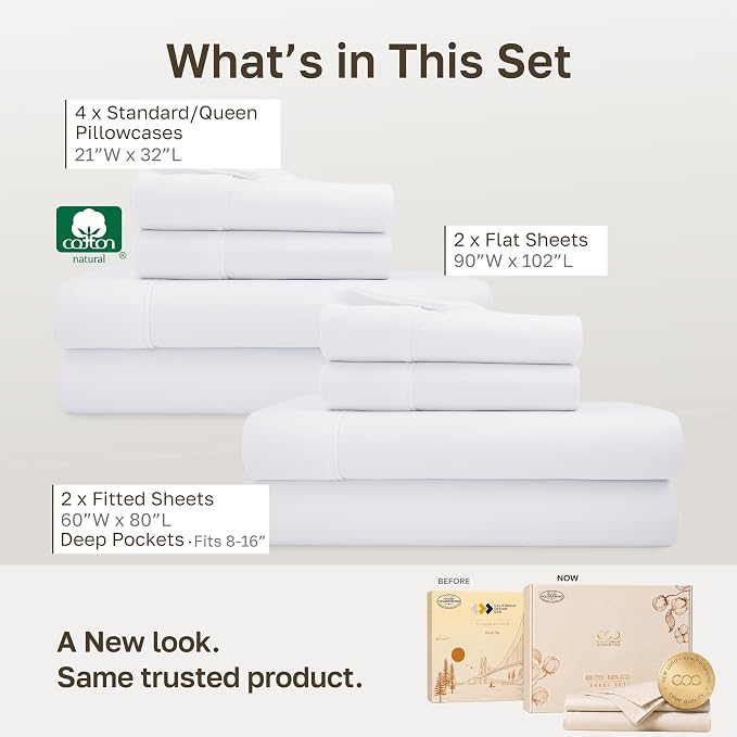 California Design Den 2-Pack Soft 100% Cotton Sateen Queen Sheets Set,White | 400 Thread Count Backed by Good Housekeeping Seal, 16" Deep Pocket, All-Around Elastic, Durable, Easy Care