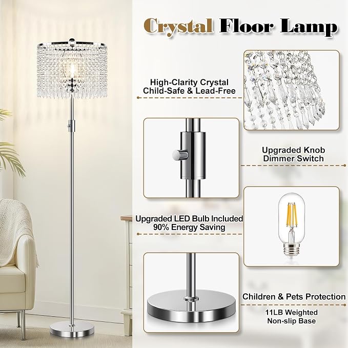 【Upgraded】 Dimmable Crystal Floor Lamps for Living Room, 1000LM LED Bulb Included, Standing Lamp with Knob Switch, Tall Silver Modern Floor Lamp for Bedroom Nursery Office Reading