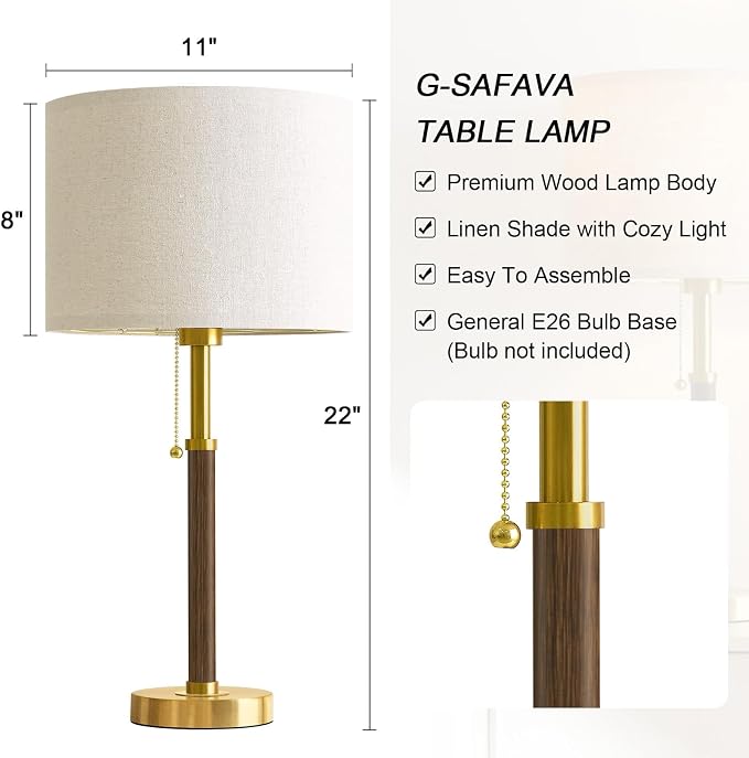 Wood Table Lamps 22" Mid Century Modern Lamps for Bedroom Living Room Lamps | Pull Chain Lamps Set of 2, Walnut Mcm Bedside Lamps for Night Stands, Vintage Small Side Table Lamps Buffet Nursery Decor