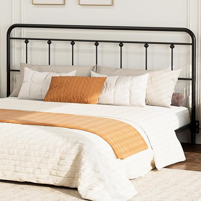Victorian Metal King Size Headboard Only, Black | 34"-44.6" Adjustable Height, Steel King Head Board with Bed Frame Brackets Adapter, Easy Assembly, Farmhouse Vintage Style