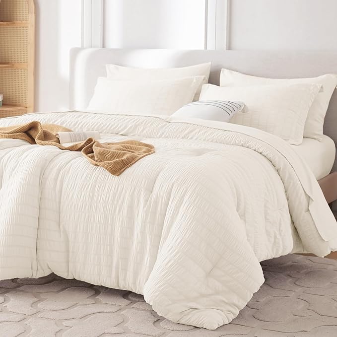 7 Pieces California King Comforter Set, Seersucker Bed in a Bag Cal King Size, All Season Luxury Bedding Set with Comforter, Flat Sheet, Fitted Sheet, Pillowcases & Shams, Ivory