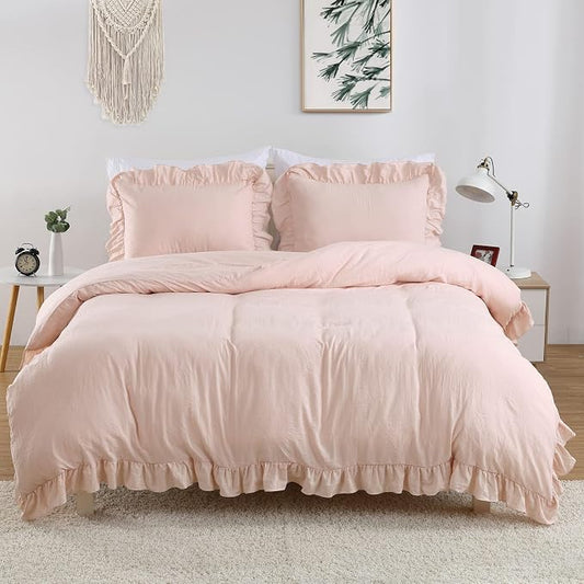 CAROMIO Ruffle Duvet Cover King Size, 3PCS Soft Washed Microfiber Vintage French Country Duvet Cover Set with Button Closure, Pink, 104x90 in