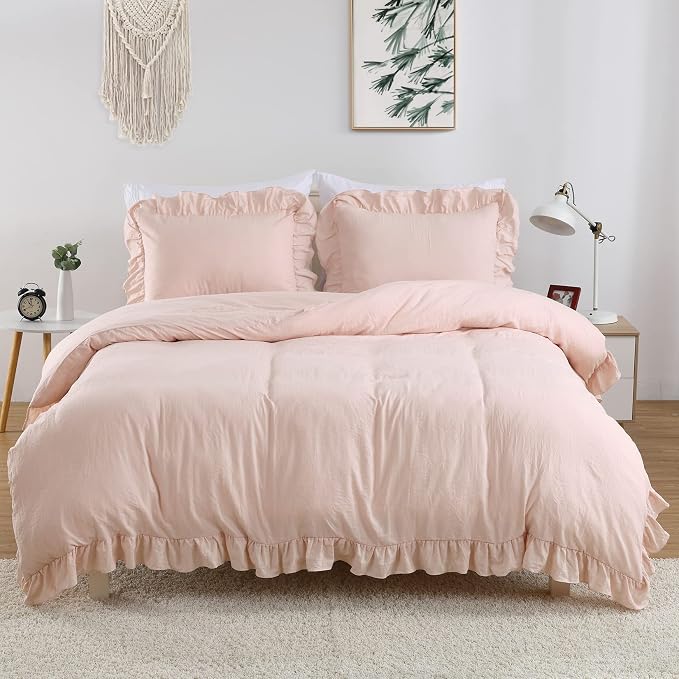 CAROMIO Pink Ruffled Duvet Cover Twin, 2PCS Soft Washed Microfiber Vintage French Country Duvet Cover Set for Kids Girls, Pink, 68x90 in