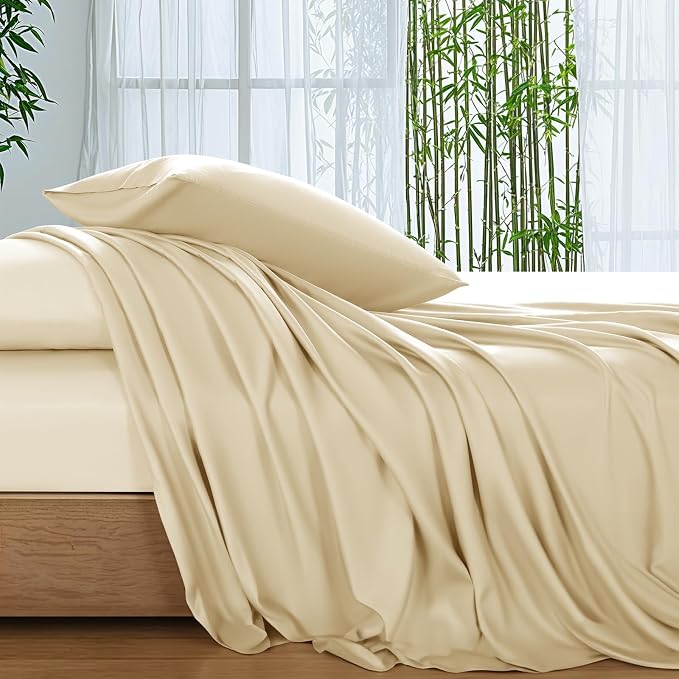 SONORO KATE 100% Viscose Derived from Bamboo_Sheets King Size,4PC | Cooling Bed Sheets for Hot Sleepers,Soft Breathable & Silky,16" Deep Pocket,Luxury Hotel Bedding,Beige