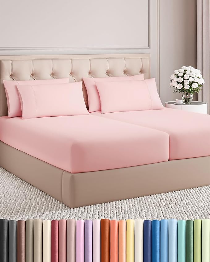 Split King 7 Piece Bed Sheet Set - Comfy, Breathable & Cooling - Baby Pink | Ultra-Soft Hotel Luxury Bedding Set w/ 8-16 Inch Deep Pockets, 1 Flat & 2 Fitted Sheet & 4 Pillowcases, Wrinkle & Fade Free
