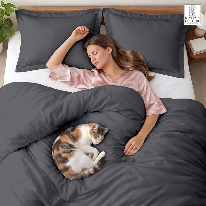 3 Pc Duvet Cover Queen Size/Full Size Set-100% Egyptian Cotton 600 Thread Count Ultra Soft Premium Durable Comforter Cover Zipper Closure & Corner Ties- (Dark Grey, 90" X 90")