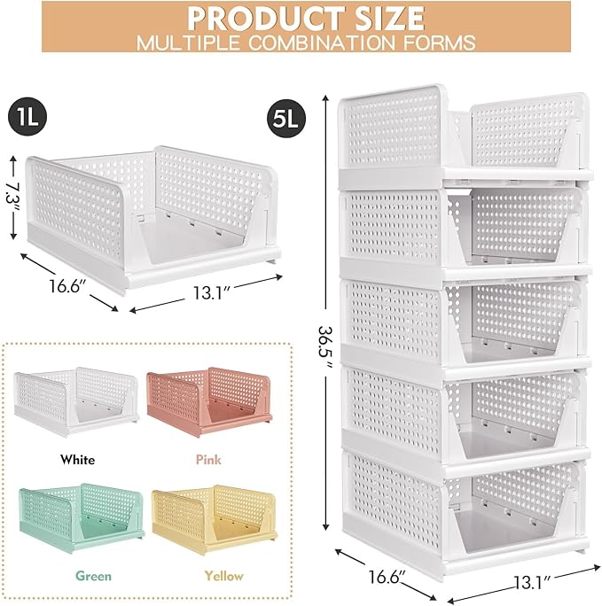 5 Pack Stackable Closet Storage Basket - Stackable Storage Bins | Multifunctional & Foldable Closet Organizer Waterproof, Wardrobe Cupboard Space-Saving Storage Drawer Organizer