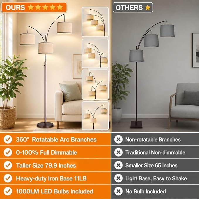Dimmable Floor Lamp - 3 Lights Arc Floor Lamps for Living Room, 1000LM Modern Tall Standing Lamp With Beige Shades, Mid Century Tree Floor Lamp for Bedroom Office, 3 LED Bulbs Included - Brown