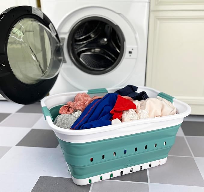 SAMMART 42L (11 gallon) Collapsible Plastic Laundry Basket - Foldable Pop Up Storage Container/Organizer - Space Saving Hamper/Basket (1, White/Celadon Green)