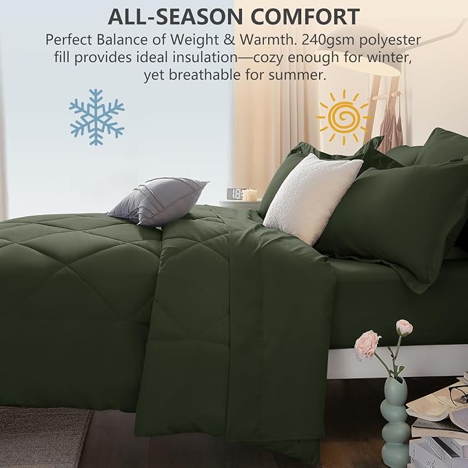 Twin XL Comforter Set Dark Green - 5 Pieces Complete Bedding Set | College Dorm Essentials, OEKO-TEX Certified, All Season, 240GSM Down-Alternative Comforter, Sheets, Pillowcase & Sham