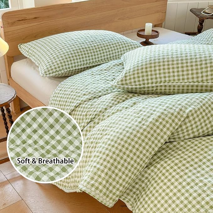 NSNLGSGC Sage Green Gingham King Summer Bedspread Quilt Set | Pre-washed Microfiber,Lightweight Checked Grid Bedding Coverlets for All Seasons
