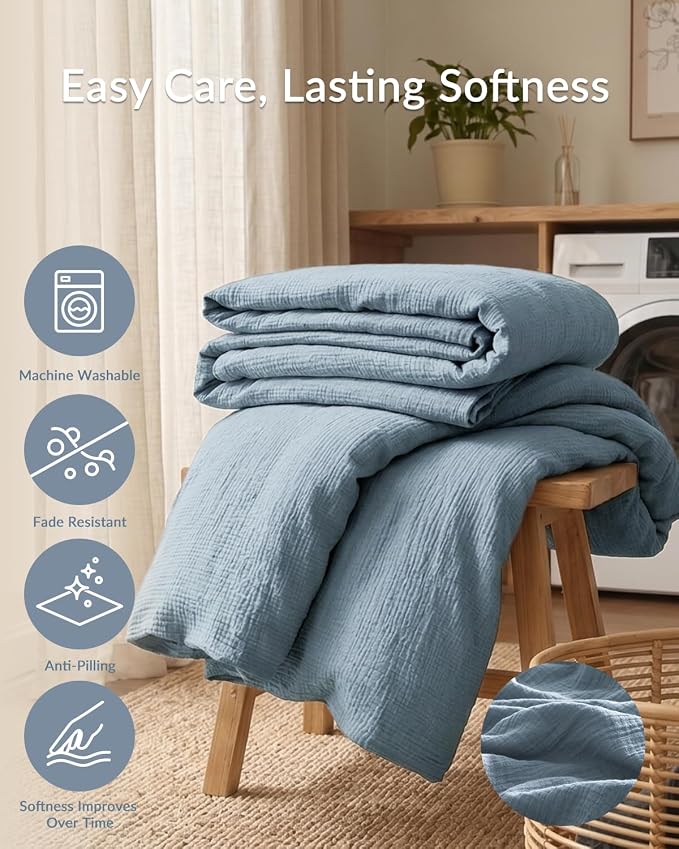 SE SOFTEXLY Muslin Duvet Cover King Size, 100% Washed Cotton Duvet Cover Set, Ultra Soft Comforter Cover Linen Like, 3 Pieces Minimalist Gauze Duvet Cover with 2 Pillowcases, 90"x104", Blue