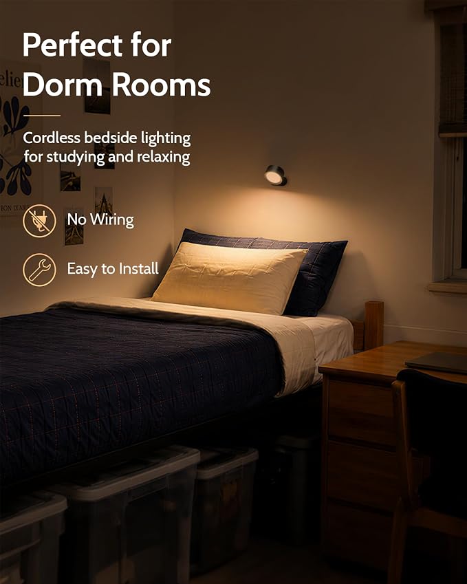 LED Wall Mounted Lights, Rechargeable Wall Sconces, 3 Color Temps, Remote & Touch, 360° Rotating and Dimmable for Bedroom, Bedside & Reading (Black, 3 Pack)