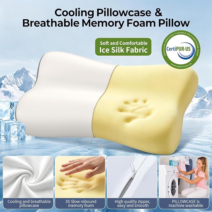 Polovo Cervical Neck Pillow - Ergonomic Side Sleeper Pillow for Pain Relief, Contour Memory Foam Pillows for Deep Sleep, Orthopedic Cooling Pillow Bed Pillow for Side Back Stomach Sleepers(White&Grey)