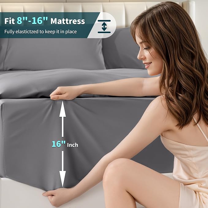 LBRO2M 100% Egyptian Cotton Sheets 1200 TC, Deep Pocket 16", 4Pcs, King | Long Staple Cotton Bed Sheets, Extra Soft and Breathable Sheets, Cozy for All Seasons, Gray
