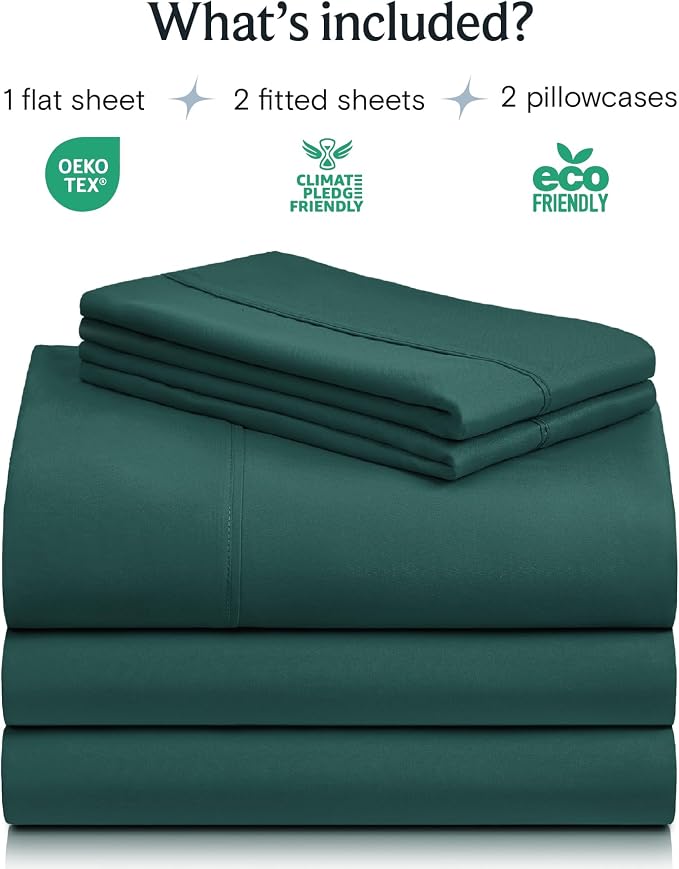 LuxClub 5 PC Split King Sheet Set, Deep Pockets Wrinkle Free Cooling Bed Sheets Hotel Bedding for Women, Men, Includes 2 Fitted Sheet, 1 Flat Sheet and 2 PillowcasesSoft Emerald | LuxClub Silky Fitted Sheet & Pillowcase Sets, Breathable Hotel Luxury Be...