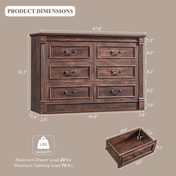 Aitjunz Farmhouse 47'' Wide 6 Drawer Dressers for Bedroom, Brown | Chests of Drawers w/Roman Columns, Horizontal Wooden TV Stand Dresser w/Metal Handle for Bedroom, Hallway, Living room
