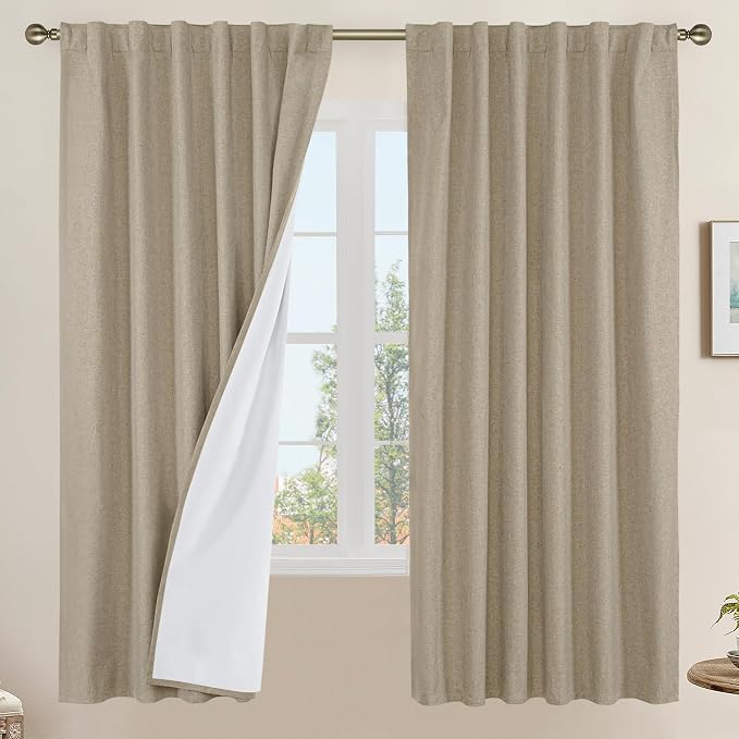 100% Blackout Natural Polyester Curtains, 72 Inches Linen Textured Thermal Bedroom Curtains Back Tab and Rod Pocket Neutral Panels with White Liner for Farmhouse, 2 Panels, 52 x 72 Inch, Taupe | Thermal Insulated, Curtains for Bedroom, Farmhouse, Rod P...