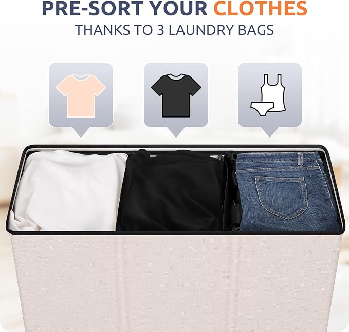 SOLEDI Large Laundry hamper 3 Section with Laundry Bag, XL Clothes Basket | 3-Section Large capacity Laundry Sorter with Odor-Blocking Lid, Robust Iron Frame & Waterproof 600D Fabric, 3 Washable Bags
