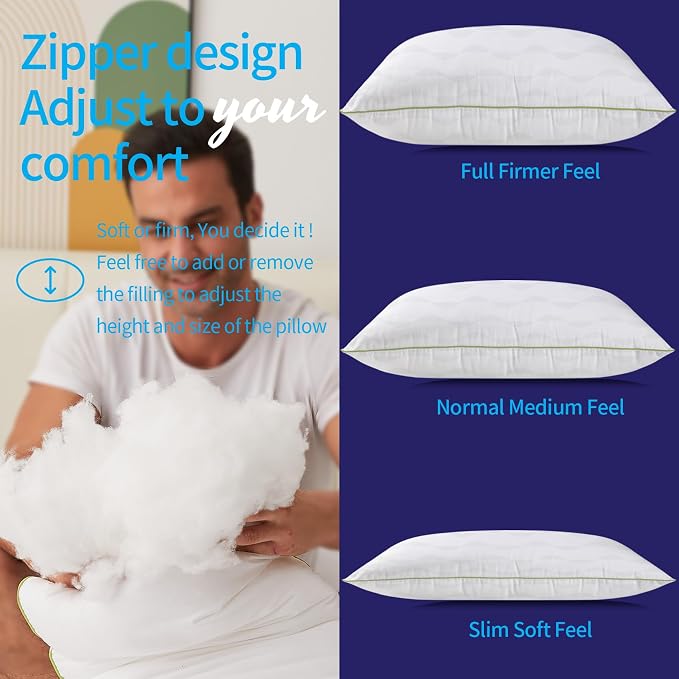 Bed Pillows Standard Size Set of 2,for Sleeping,Down Alternative Fill | Adjustable with Zipper,Soft Support for Side,Back and Stomach Sleepers,with Oeko-Tex Certified,Luxury Hotel Quality