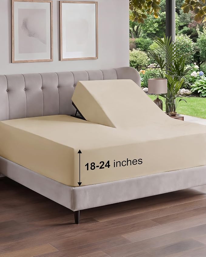 Extra Deep Flex Top Split Head King Fitted Sheet Only - Cream | Easily Fits 18 inch to 24 inch Mattress, Soft, Wrinkle Free, Breathable & Comfy, Extra Deep Pockets Hotel Luxury Fitted Sheet