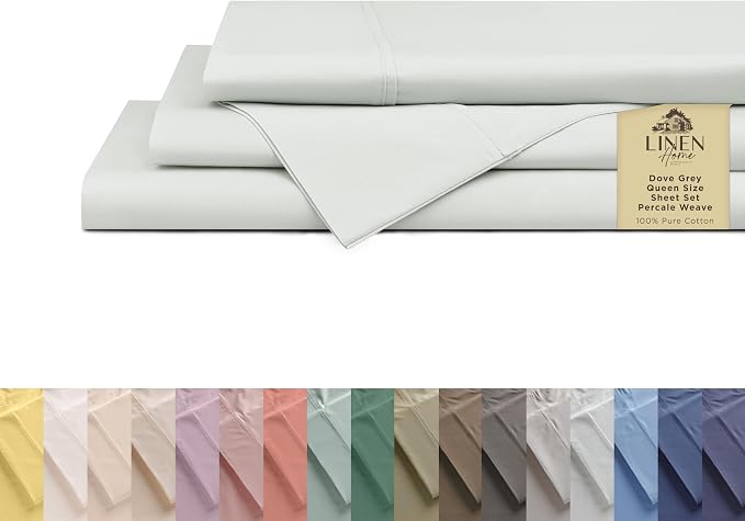 Linen Home 100% Cotton Percale Sheets Queen Size, Dove Grey, Deep Pocket, 4 Pieces Set - 1 Flat, 1 Deep Pocket Fitted Sheet and 2 Pillowcases, Crisp Cool and Strong Bed Linen