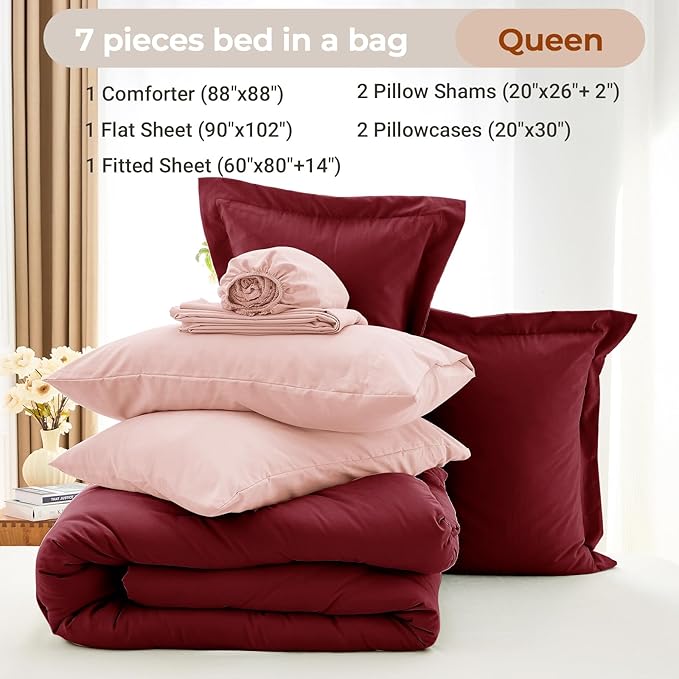 7 Pieces Queen Comforter Set, Soft Bed in a Bag Queen Size, All Season Bedding Set with Comforter, Flat Sheet, Fitted Sheet, Pillowcases & Shams, Burgundy & Rose Gold