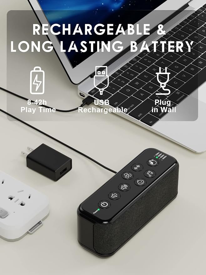 White Noise Machine with Rain Sounds, Rechargeable Sound Machine for Sleep | 42 Non-Looping Sounds, USB-Rechargeable 3000mAh Battery, Dual Speakers, Auto-Off Timer, 8 Volume Levels and Memory