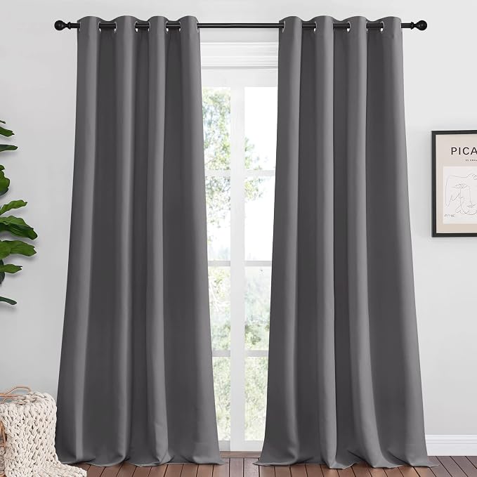 NICETOWN Bedroom Blackout Curtains Panels - Triple Weave Energy Saving Thermal Insulated Solid Grommet Blackout Draperies for Patio (1 Pair, 55 inches by 90 Inch, Grey) | Triple Weave Energy Saving Thermal Insulated Solid Grommet Draperies for Patio, L...