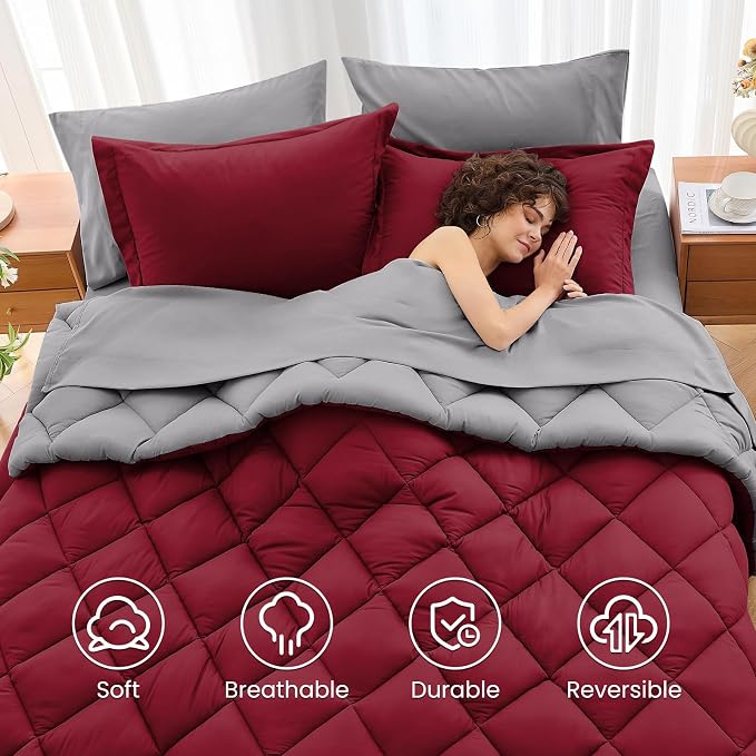 7 Pieces Oversized King Comforter Set, Reversible Bed in a Bag Oversized King Size, All Season Bedding Set with Comforter, Flat Sheet, Fitted Sheet, Pillowcases & Shams, Burgundy & Grey