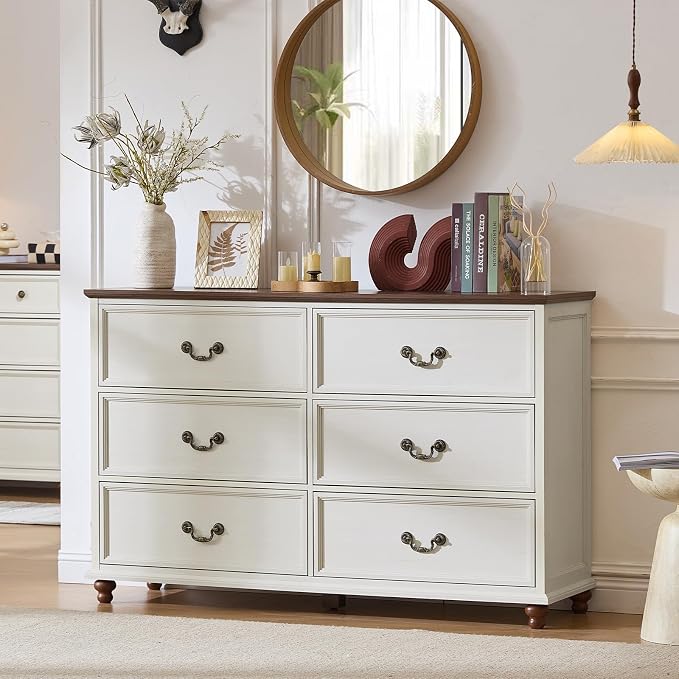 Joaxswe Farmhouse 6 Drawers Dresser for Bedroom, Vintage 54" Wide Chest of Drawers w/ 4 Wooden Legs, Rustic Large Closet Storage Dressers Organizer for Hallway, Wood TV Stand for Living Room, White