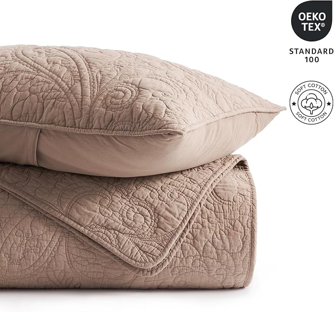 EVERGRACEHOME 100% Cotton Paisley Quilt Set, Queen Size, Dusty Brick | Prewashed for Softness, Year-Round Breathability, Gift-Ready Box, Matelasse-style Quilted Coverlet, 3 Piece Set with 2 Shams