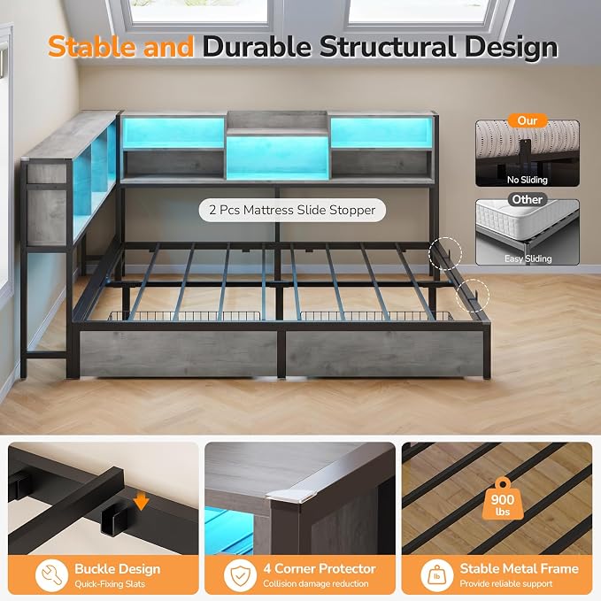DICTAC Corner Queen Bed Frame with Storage Bookcase and 2 Drawers, Queen Size Corner Platform Bed Frame with LED Lights and Charging Station, Metal Daybed for Teens/Adult, Saving Space, Oak Gray