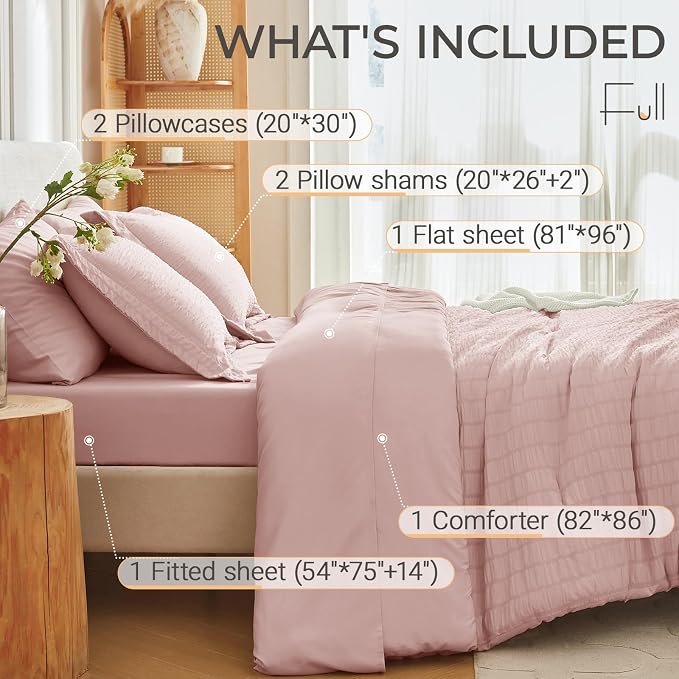 7 Pieces Full Comforter Set, Seersucker Bed in a Bag Full Size, All Season Luxury Bedding Set with Comforter, Flat Sheet, Fitted Sheet, Pillowcases & Shams, Rose Gold
