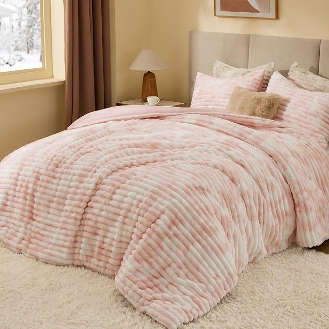BEDELITE Fleece King Comforter Set, Fluffy Bed Set, Pink&White | Super Soft & Warm Bedding, Luxury Fuzzy Faux Fur Comforter for Winter, Heavy Plush Bedding, with 2 Pillowcases