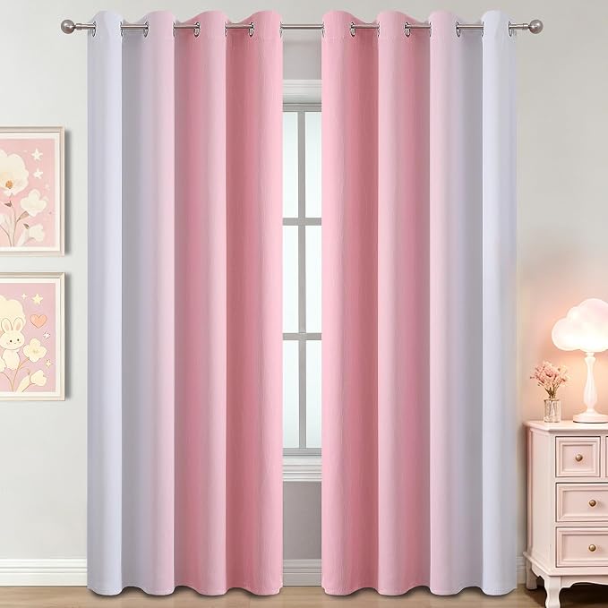 Pink and Greyish White Ombre Blackout Curtains for Bedroom 52x84 Inch Long | Estelar Textiler Kids/Girls Room Darkening Curtains,Thermal Insulated Grommet Window Drapes for Living Room/Nursery,2 Panels