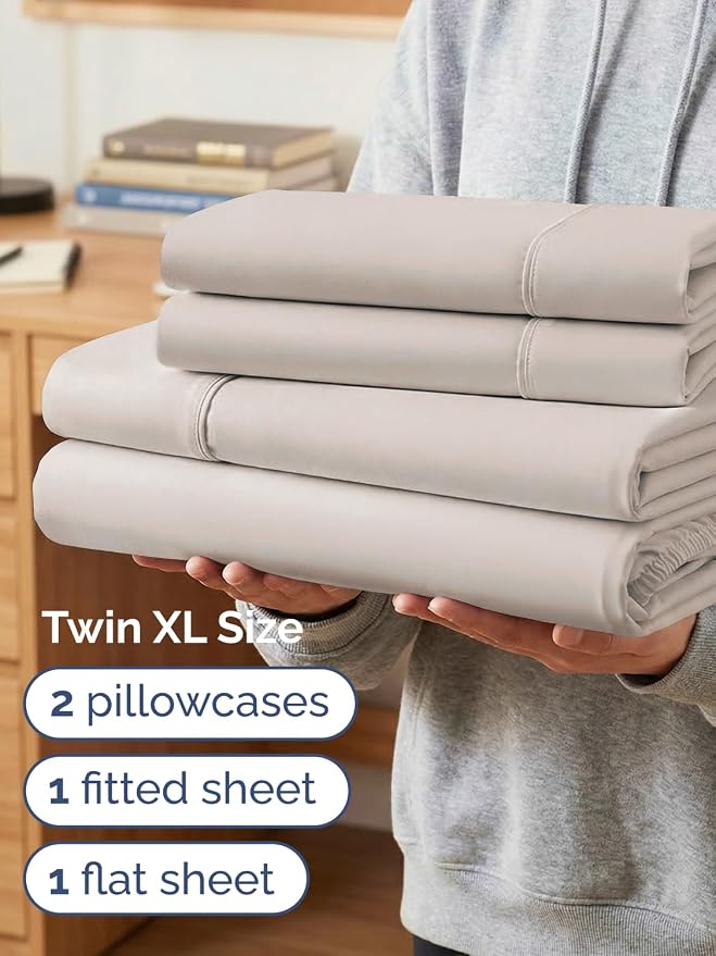 Extra Deep Twin XL Sheet Set - 4 Piece College Dorm Room - Light Grey | College Dorm Room Essentials, Easy & Secure Fit, Ultra-Soft, Wrinkle & Fade Free, Comfy Sheets Set with Extra Deep Pockets