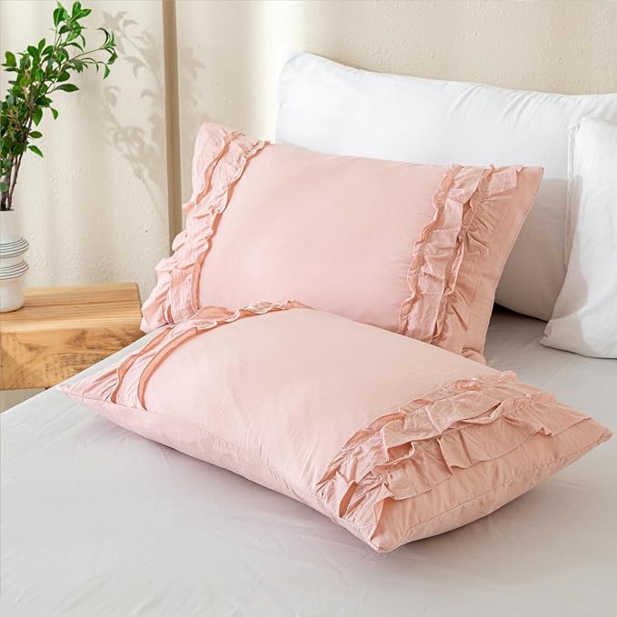 Pink Ruffled Duvet Cover Girls Coquette Bedding Set Cute Lace Fringe Ruffle Bedding Shabby Chic Farmhouse Style Super Soft Cozy Elegant Cover Cover Set Twin Size