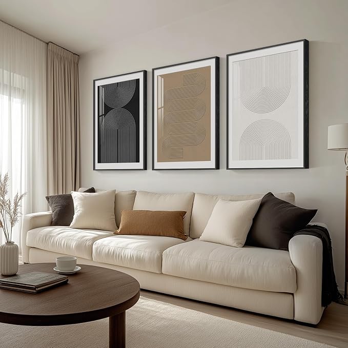 Framed Boho Neutral Abstract Wall Art for Living Room, 3 Piece 24x36 Inch | Large Black White Brown Canvas Prints, Modern Paintings, Minimalist Artwork, Geometric Pictures, Office Bedroom Wall Decor