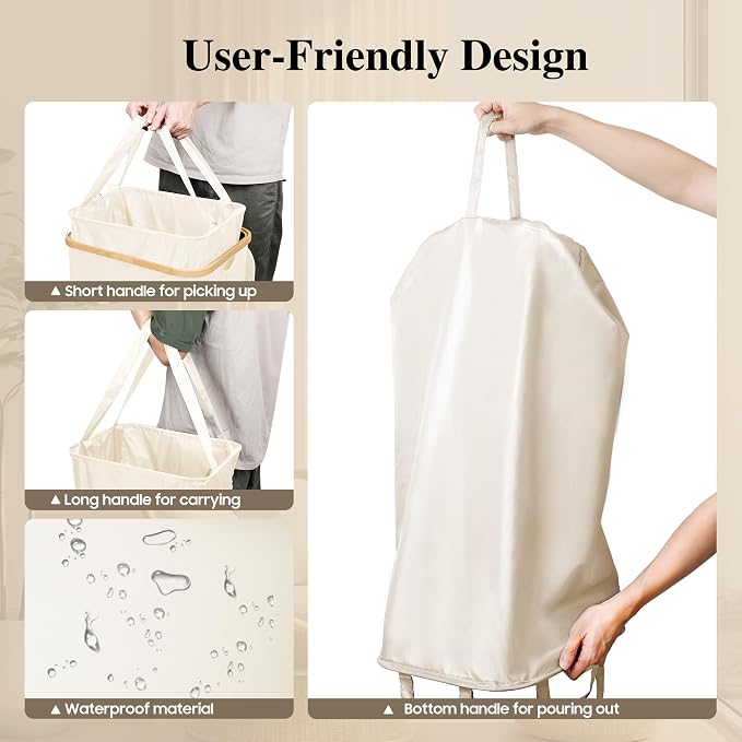 Foluck Large Laundry Hamper, 100L Waterproof Laundry Basket with Lid and Removable Bag, Collapsible Tall Clothes Hamper with Bamboo Handles for Clothes Toys in Dorm Bedroom Bathroom, Beige, ZYL101-W