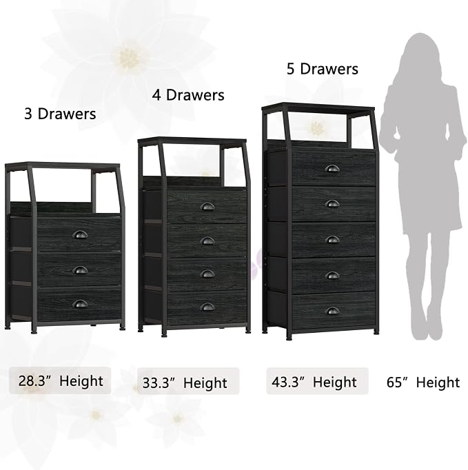 Furnulem Black Night Stand, Small Bedside Table for with 3 Fabric Drawers | Night stand with Drawers and 2-Tier Shelf, Small Dresser with Metal Frame and Wood Top, Storage Drawers for Dorm, Living Room