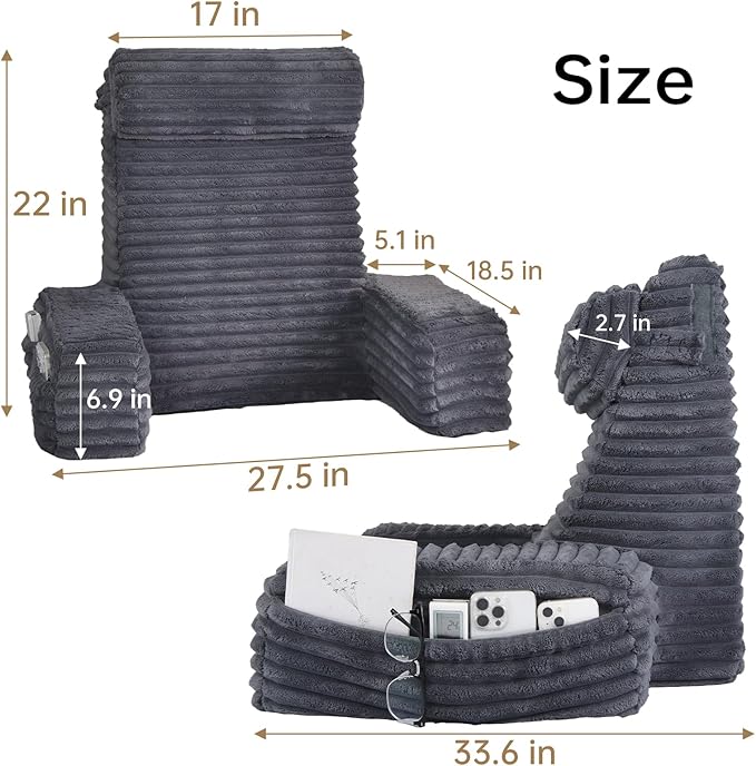 ENITYA 22" XL Back Pillow for Bed Sitting Up with Armrests & Big Pockets | Reading Pillow for Bed, Soft Back Support Chair, Ideal for Watching TV, Gaming, Nursing, Resting, Post Surgery, Dark Grey