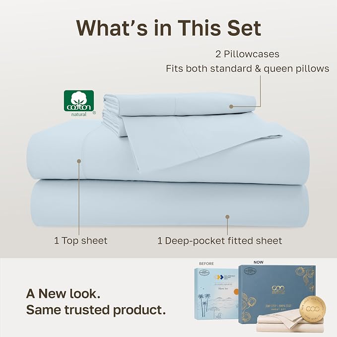 California Design Den 100% Cotton Sateen Queen Size Bed Sheet Set | Soft 500 Thread Count Backed by Good Housekeeping Seal, 16" Deep Pocket, All-Around Elastic, Easy Care - Blue (Grey Tone)
