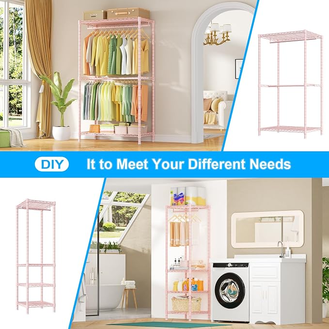 E10 Clothes Rack（With Stretchable Hanger Rod）Freestanding Clothing Racks for Hanging Clothes，Adjustable Closet Organizer System，Portable Garment Rack 73-97"W x 15" D x 72" H，Max Load 800LBS，Pink