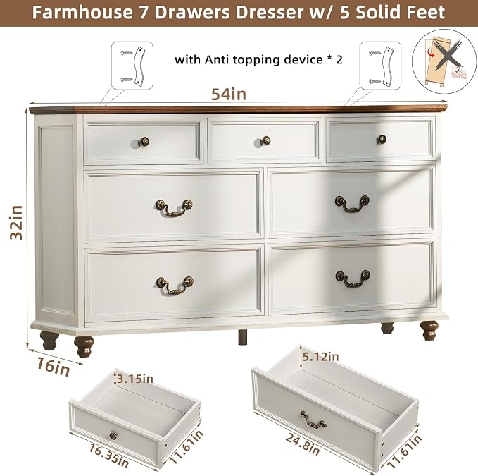 Joaxswe Farmhouse 54" 7 Drawers Dresser for Bedroom, White Wood Chest of Drawers w/ 4 Wooden Legs, Vintage Closet Storage Dressers Organizer for Hallway, Rustic Large TV Stand for Living Room, Foyer